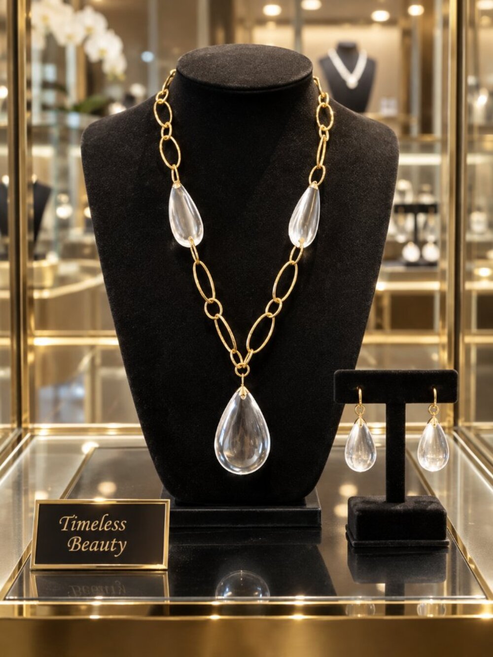 Gold-Tone Chunky Link Chain & Transparent Acrylic Waterdrop Pendant & Earrings
